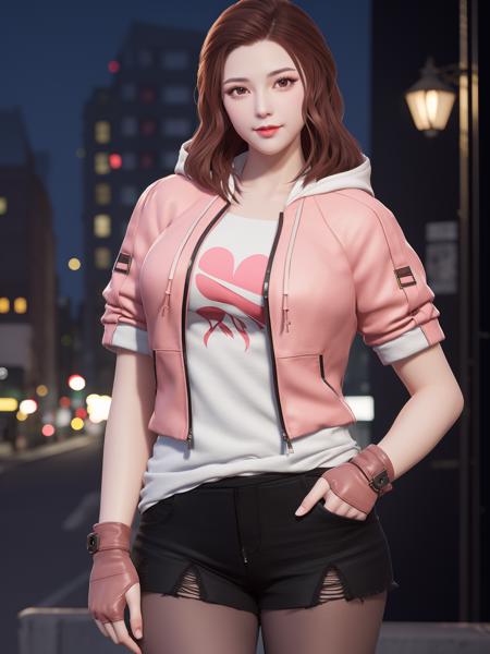 CFkongQF, 1girl, solo,pantyhose, brown hair, looking at viewer, hood, drawstring,torn clothes, brown eyes,  black shorts,long hair, hood down, lips, jacket, gloves, smile, breasts, open clothes, zipper,hand on hip, mature female, cityscape, night,  <lora:CFkongQF:0.75>,