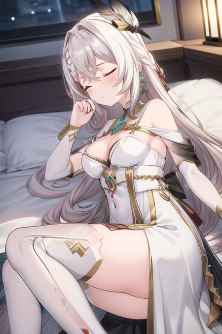 1girl,indoor,on the bed,looking_at_viewer,<lora:add_detail:0.5>,breasts,solo,(looking at viewer:1.1),hair ornament,dutch angle,white hair,feather hair ornament,dress,jewelry,earrings,feathers,medium breasts,white dress,sleeping,leaning_to_the_side,lying,