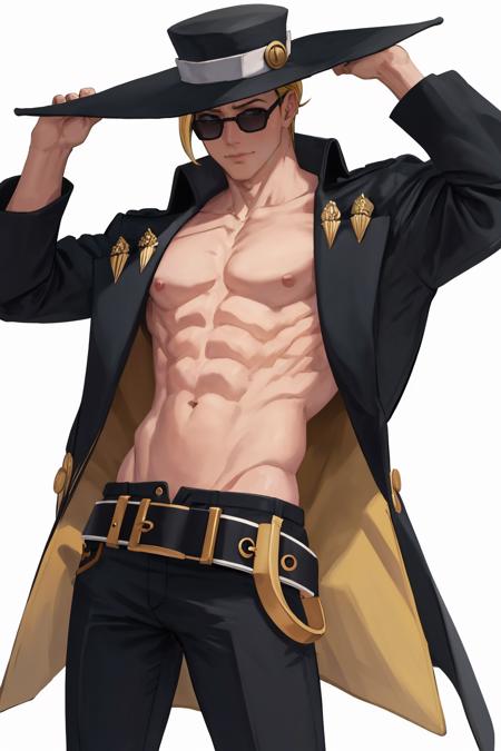 masterpiece, best quality, 1boy, soplo, standing, <lora:johnny-gg-richy-v1:1> johnny, coat, open clothes, hat, sunglasses, belt, abs, pectorals