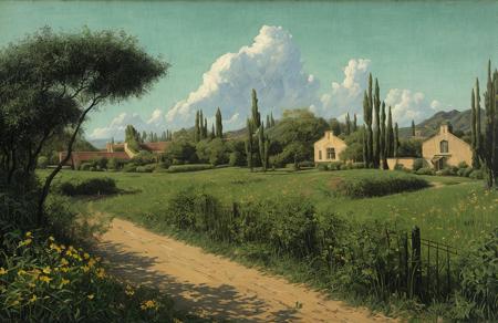 (Vincent Di Fate:1), scenery,scene painting,a painting, hedgerow,hacienda ,estate ,