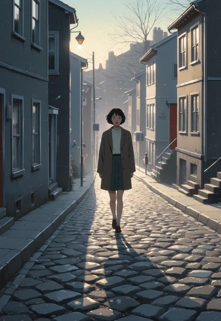 A pale young woman with bright eyes and red lips stands on a sloping cobblestone street in front of a block of gray townhouses. Warm light spills from multiple upstairs windows, illuminating miniature figures inside—a modern nod to Magritte’s poetic dislocations. Painterly, cinematic style with soft brushstrokes and moody atmosphere, inspired by Pascal Campion and Makoto Shinkai. The art style is clean and graphic, with a slightly minimalist composition, muted color pallet, retro cel-shading, vintage halftone, and crisp line work, reminiscent of nostalgic anime with grainy halftone texture and subtle softness evocative of 80s/90s Japanese animation, with some similarities to vintage European poster art.