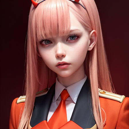 ultra realistic 8k cg, picture-perfect face, flawless, clean, masterpiece, professional artwork, 1girl, zero two, uniform, military uniform, red jacket, orange necktie, upper body, <lora:qqq-zero_two-v1:0.8>