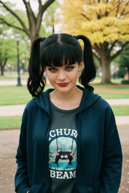 <lora:mondongo_LoRA_PauleyPerrette:1> mndngwmn, pigtails,bangs,, wearing a hoody, on the park