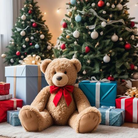 teddy bear surrounded by Christmas presents and in the background a Christmas tree