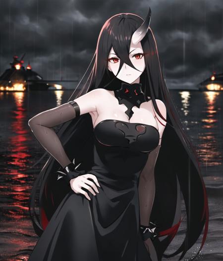 best quality, (red and black color palette:1.3), cowboy shot, (hand on hip:1.3)
BREAK
battleship water oni, abyssal ship, 1girl, red eyes, glowing eyes, serious, white skin, colored skin, horns, single horn, crossed bangs, black hair,  very long hair, hair between eyes, bare shoulders, cleavage, black dress, large breasts, strapless dress, frilled dress, black gloves, elbow gloves, spiked bracelet, nice hands 
BREAK
ocean, (rain:1.3), darkness, dark skies, dark clouds, storm clouds, cloudy sky, <lora:darkKukiv1:0.5>