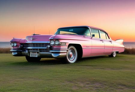 very realistic photograph of a pink Cadillac – La Fleetwood Series 60' Elvis Presley   car parked in a field, in sunset lighting, sea background, extremely detailed