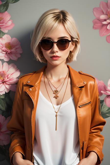 (masterpiece:1.2), best quality,
solo, tinted eyewear, jewelry, hair ornament, looking at viewer, 1girl, short hair, blue eyes, earrings, flower, full body, hair flower, orange-tinted eyewear, sunglasses, necklace, jacket, closed mouth, floral print, bangs, blonde hair, white hair, makeup, round eyewear, piercing