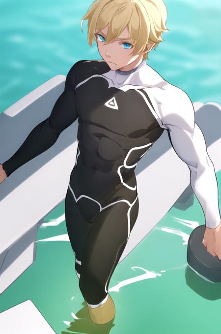 (((1boy, solo focus, muscular male))), bodysuit, wetsuit, (((facing viewer, looking at viewer))), blue eyes, blonde hair, standing, sho akitsuki <lora:Sho_Akitsuki_RT2:0.7> , disgust, (((white shoulder sleeves))), boat, yacht, full body, arms behind head,