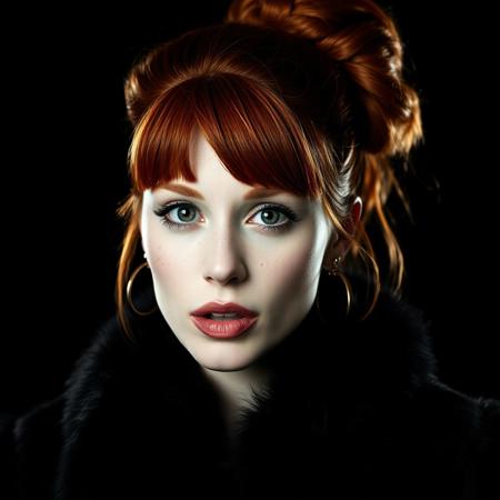 35 mm monochrome photo, a close-up shot, professional portrait of 25 year old Christina Hendricks. her vibrant red hair is in color, her hair is up in an enormous single bun, swept bangs, pronounced lips, open mouth, freckles, beautiful face, cute face, confident, light makeup. She’s wearing a luxury mink coat with designer hoop earrings, Against a black background, dim front lighting creates an eerie feel that accentuates her beauty.