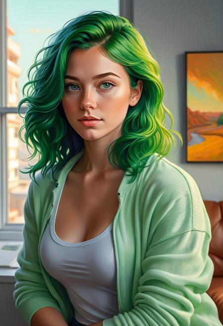 by Mitch Dobrowner and Paul Gustav Fischer and Caesar Andrade Faini in the style of Alena Aenami and Chagall,  oil painting <lora:oil_painting_envy_anime:0.60> ,   cute 28 year old woman, clothed, muscular  ginger hair, green hair,