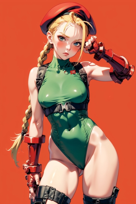 long blonde hair braided pigtails large forelock Blue eyes Green thong leotard Turtleneck Sleeveless Red beret Black calf-high combat boots Red gauntlets Chest harness Thigh holster Cheek scar