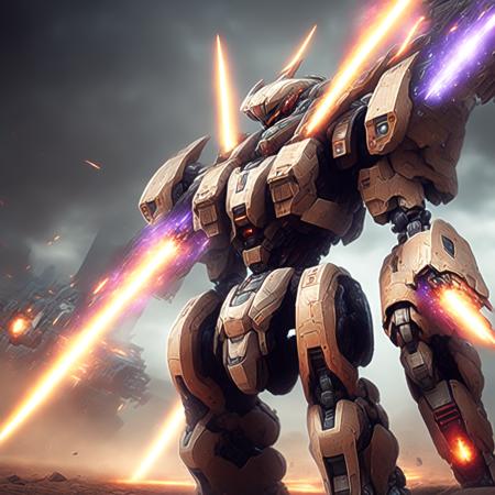 photo Mecha Battle, lasers, explosions, fire, destroyed structures, Mobile Suit Gundam Fighting (GundamFight style:1) <lora:djzGundamFight:0.8)