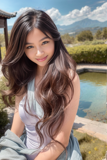 , (8k, RAW photo, best quality, masterpiece:1.2), (realistic, photo-realistic:1.37), ultra-detailed,(detailed beautiful girl:1.4), 
smile, face,slender body, ancient chinese style garden,
, medium breasts, , wavy hair,  detailed skin texture, detailed cloth texture, beautiful detailed face,
<lora:add_detail:1> <lora:JocelineS:1>