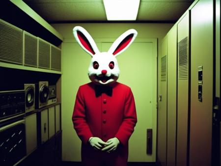 the backrooms creepy man in a rabbit suit, super 8 film, vintage camera, found footage, glitch


