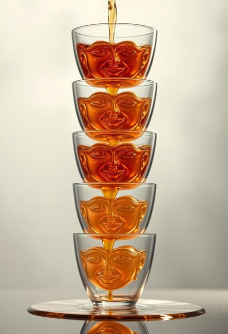 "Create a breathtakingly realistic digital artwork featuring a towering stack of delicate, transparent cups, each one perfectly aligned and balanced on top of the other. Each cup should contain a unique, intricately detailed glass face, crafted with precision and care to capture the subtleties of human emotion. The glass faces should be rendered in exquisite detail, with visible texture and subtle shading that captures the gentle curves and subtle imperfections of the glass. A cascade of rich, velvety liquid should flow from the top cup, pouring down through each successive cup in a mesmerizing, golden stream. Each face should be a unique and distinct, with its own expression and character, from serene to joyful, to playful. The liquid should be depicted in stunning detail, with visible ripples and subtle reflections that capture the play of light on its surface. The overall effect should be one of enchanting realism, as if the viewer could reach out and touch the delicate cups and feel the cool, refreshing liquid flowing down." Highest-Quality, 4k, intricate details, visually stunning, Masterpiece