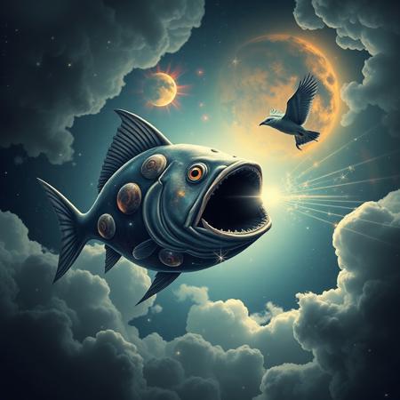 score_9, score_8_up, score_7_up, a cosmic fish with a black hole in its mouth that sucks in light hunting a bird flying in the sky
