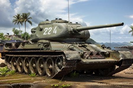 Tank t34 in tropical city, (tropical island background), shooting, day time, High Detail, Sharp focus, ((photorealism)), realistic, best quality, 8k, side view, sun in the sky