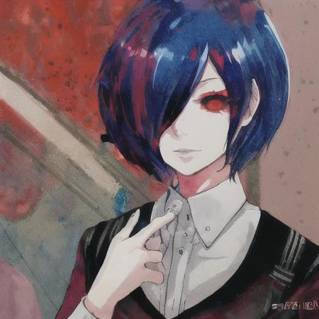 (touka_kirishima), red eyes, 1girl,flamboyant, style of sui ishida, tokyo ghoul, zoomed in on face, focused on face, blue highlights,looking at viewer,watercolor, manga, mangaka <lora:TKG_Sui Ishida:1>  <lora:toukaKirishima_v10:1>