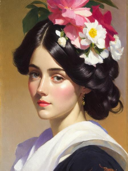 <lora:JohnSingerSargent:1>a painting of a woman with a flower in her hair and a pink flower in her hair by John Singer Sargent