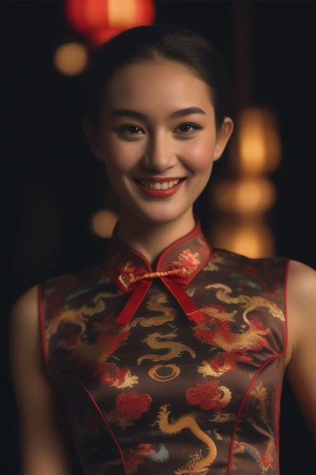 cheongsam with a motif Dragon flying in the sky, lunarNewYear2024quiron, dragon, paper lantern beautiful woman, dark, dim , lowkey , film grain , Kodak Portra 800, cute , smile , lingerie dark, night close up. black room , black curtain , wash color , expired film dark image, shadow, ,shadows, contrast, dark , HyperSmoke, dark background, black background,  backlit, dark theme, detailed face , shadow, close up face, bokeh