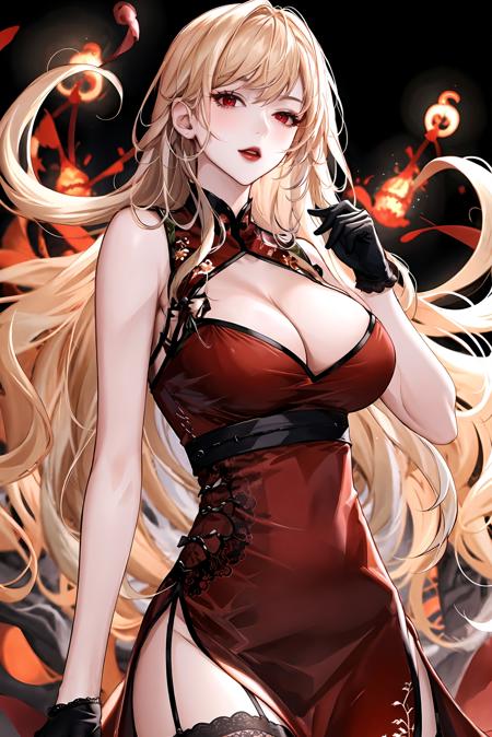 1girl, red eyes, gloves, solo,large breasts,cleavage,china dress,red dress,lace-trimmed legwear,blonde hair,floating hair,dynamic pose,wavy hair,bad-girl,((mature female))