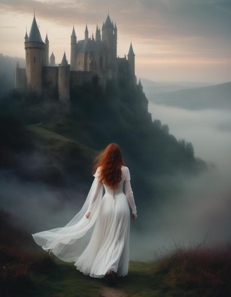 A woman with long red hair is walking through a misty landscape. She is wearing a long white dress and a cloak. In the distance, there is a Medieval castle. The fog is rolling in and obscuring the horizon. The ambiance is moody and soft-focus beauty.