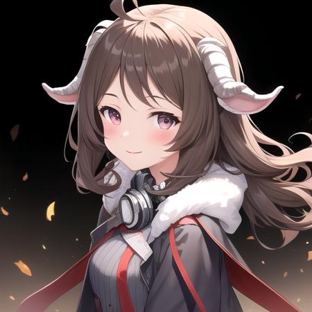 ((masterpiece)),(best quality),official art,extremely detailed CG,unity 8k wallpaper,ultra detailed,perfect lighting,1girl,solo,upper body,(portrait:1.2),smile,long_hair,brown_hair,mask_around_neck,black_footwear,sheep_horns,looking_at_viewer,animal_ears,burnt_clothes,black_thighhighs,sheep_ears,grey_dress,long_sleeves,cross-laced_footwear,ahoge,boots,respirator,blush,breasts,zettai_ryouiki,mask,shoes,short_dress,bangs,black_gloves,goggles,curled_horns,torn_clothes,torn_dress,open_coat,fur_trim,<lora:Eyjafjalla(ark)>,