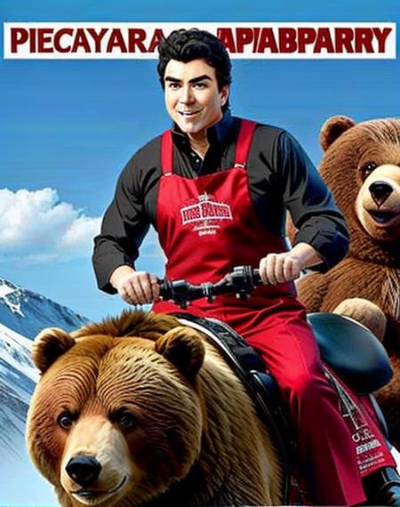 a man , (pkpapajohn:1.0), (papa john schnatter:0.8), riding on a (bear :1.2), movie poster