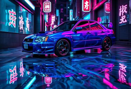 A 2006 subaru wrx sti sedan, coated in a Liquid Marble blend of deep indigo, ultraviolet purple, and electric cyan, parked in a narrow Tokyo alleyway glowing with vibrant neon lights. The wet pavement has transformed into a glossy Liquid Marble surface, swirling with reflections of neon pinks and blues, shifting like an otherworldly mirror. Neon kanji signs flicker on the walls, their distorted reflections stretching across the fluid-like ground. The chrome bumpers and round side mirrors shimmer, absorbing the ambient glow, while the black alloy wheels with polished lips contrast against the flowing, futuristic scene.