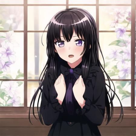 1girl, purple eyes, black hair, shyness, best quality, masterpiece, masterpiece, best quality,