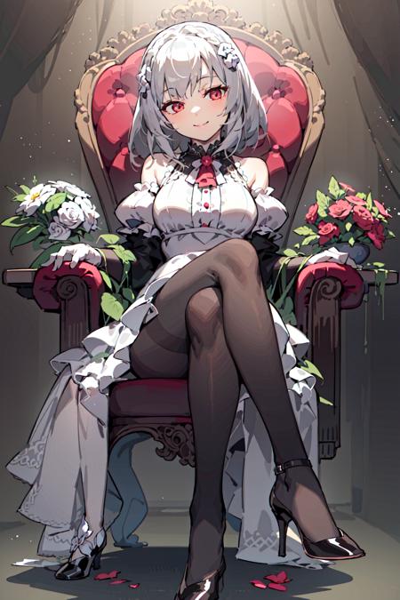 masterpiece,best quality,1girl,pantyhose, <lora:TianHuo:0.6>,dress,sitting,smile,white hair, flowers,chair,crossed legs, high heels,