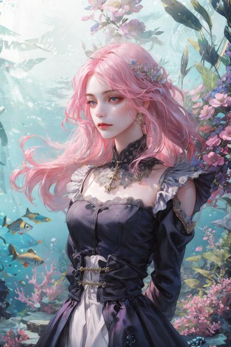 (absurdres, highres, ultra detailed), 1girl, solo, mature, (long pink hair), fanasy, dress, long sleeve, elegant, holy, colorful, highest detailed, underwater, floating hair, flower, arms behind back, upper body, dutch angle