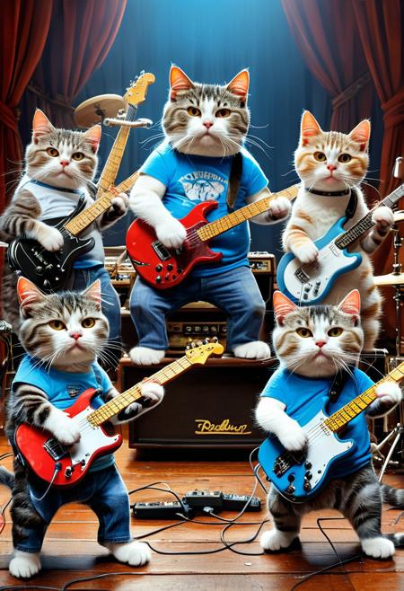 fat cat start playing music band, multiple cats, (((6 cats))), (cats playing rock band, there are cats playing electric guitar and drum and bass guitar and piano), (cat and kittens standing and walking like human and children), concert stage blue and white lamp, cat wearing t-shirt and jeans, cat singing on mic like a rocker,