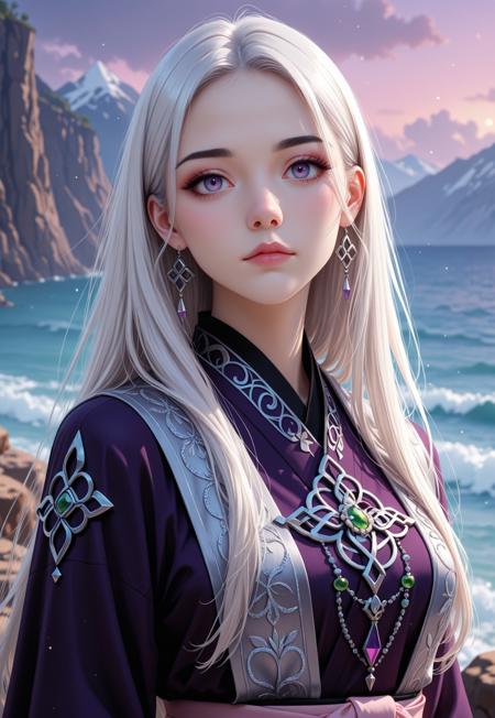 A Celtic Banshee with long silver-white hair. Her skin is pale. Eyes are green. Dark eyebrows. High cheekbones. Small nose. Lips are dark pink, slightly parted. She wears a gray wool garment with silver embroidery. She stands on a cliff by the sea. Surrounded by the scent of salt and heather. The air carries echoes of sorrow.
(Celtic Banshee, traditional clothing)
((half body view))