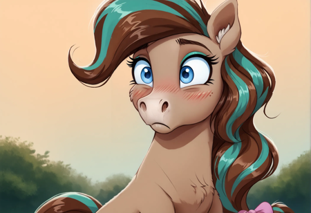 score_9, score_8_up, score_7_up, score_6_up, score_5_up, score_4_up, cocoa \(wild manes\), horse, hoers, mare, solo, blushing, chest fluff, cute, embarrassed, fluffy, frown, high res, sitting, ear fluff, wide eyes, cheek fluff, colored pupils, detailed, beautiful, <lora:RELSM_v1:0.8>, <lora:3D_Animation_Diffusion_Pony_style:0.2>, <lora:Fant5yP0ny:0.4>, <lora:CandyCuteStylePDXL:0.3>, <lora:Wholesome_MLP-v1.2>, <lora:Wild_Manes-000009:1>