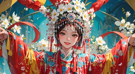 (masterpiece), (ultra detailed),1girl, solo,white orchid behind,field of  flowers ,puxian opera, dan role,complex background, jewelry, hair_ornament, tassel,  smile,(high saturation),(colorful splashes)focus on face,highly intricate details,