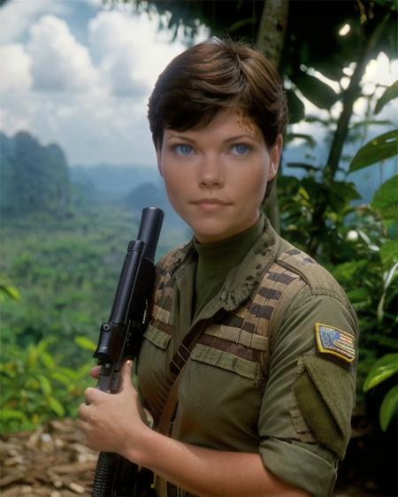 ezri, female, brown leopard spots on sides of face and neck and chest, blue eyes, light skin, very short hair, looking at viewer, wearing olive drab army fatigues, holding an M-16 rifle, wide shot, front view, vietnam jungle in background, 1968, vietnam war, centered subject, nicole de boer, <lora:ezri_lora:0.9>