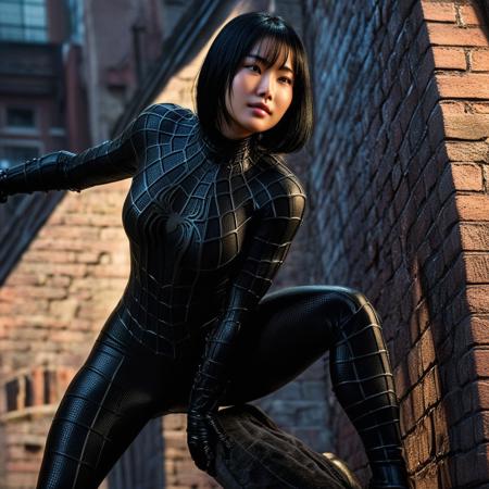 score_9, score_8_up, score_7_up, best quality, realistic, masterpiece, beautiful detail, hyperrealistic, ((1girl, woman body, large breast)), amazing detailed full body of a cute korean girl, cute face, wearing a realistic and highly detailed black raimi spider-man suit, ((defined muscular girl)), professional model wears ultra - detailed black raimi spider - man suit, ultra - detailed and grained black raimi spiderman suit, suit covered entire body and hand, black spiderman gloves, wet, (black hair, attraction, light smile), from side, climbing on a mount, octane render, highly detailed, volumetric, dramatic lighting, (highest quality:1.1), (HDR:1.3), (top quality, best quality), realistic, high definition, cinematic scene, cinematic lighting, intricate detail skin and facial texture, lifelike expression, accurate character design, interesting and complex background details,