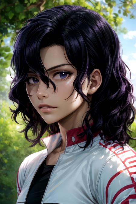 junta_teshima, black hair, black eyes, hair between eyes, sanpaku, wavy hair