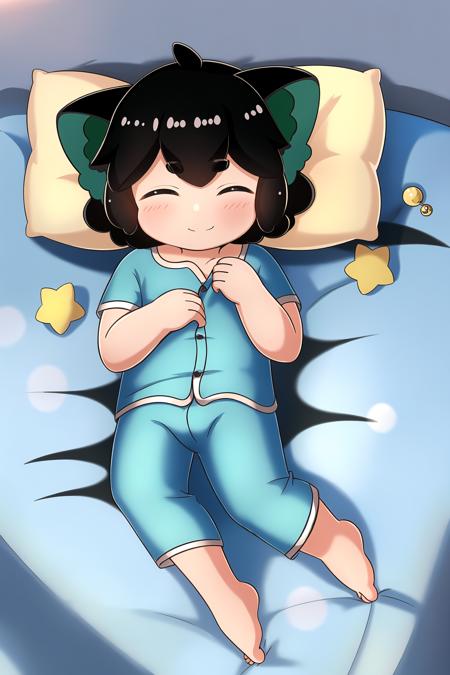 LuoXiaoHei, cat boy, (black hair), black tail, animal ears, green eyes,  cat ears, (closed eyes), solo, little boy, eyebrows visible through hair,
barefoot, ((pajamas)),  blush, smile, short sleeves, on bed, lying, pillow,
exquisite and exquisite, fairy tale, incredible high details,  pixar style, bright color, natural light, ctane rendering,
gorgeous, ultra clear details, 8K, hd realistic, 8K hd realistic,