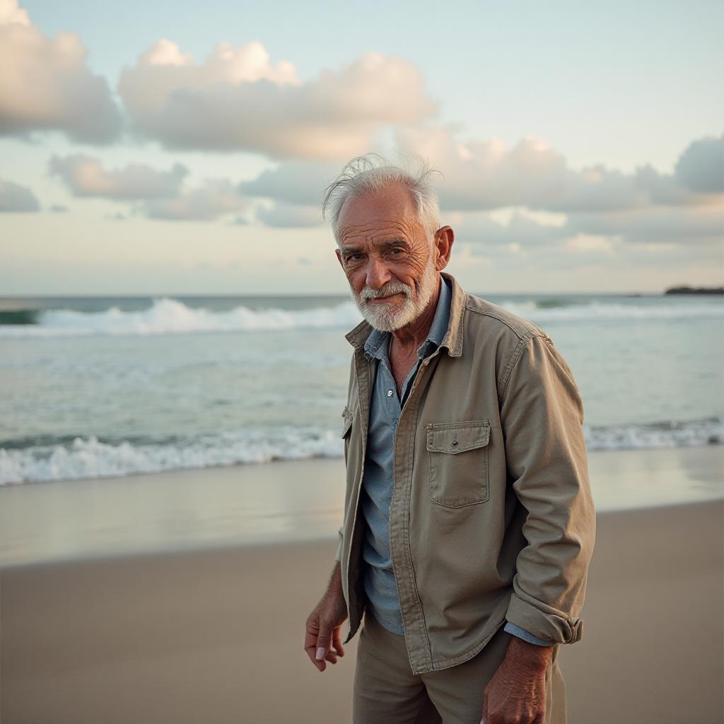 photo of old man, wearing casual clothes, at a beach with lapping waves and soft sand, clouds in the sky, soft warm light 