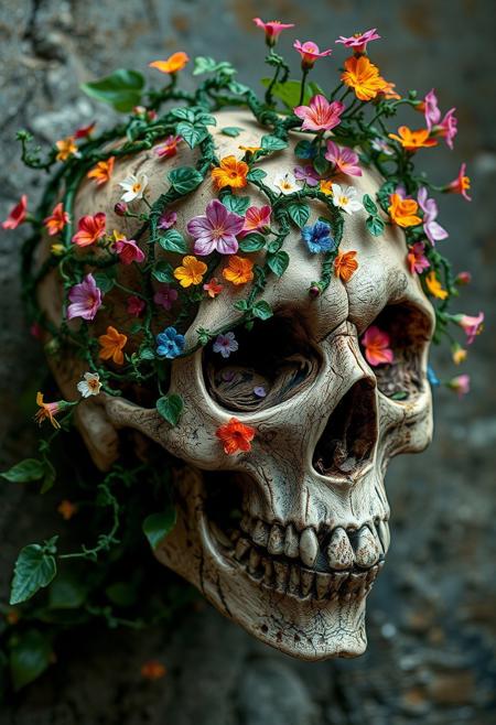 A skull, once a symbol of mortality and decay, is transformed into a breathtaking work of art as vibrant, beautiful vines and flowers burst forth from its empty eye sockets and mouth. The vines, a deep, rich green, twist and turn in intricate patterns, while the flowers, a kaleidoscope of colors, bloom in every direction, their delicate petals unfolding like tiny, colorful stars. Every detail of the scene is meticulously rendered, from the delicate, lace-like patterns on the vines to the tiny, shimmering dewdrops that cling to the petals. The overall effect is one of stunning, surreal beauty, as if the very essence of life has been distilled into this transformed skull, turning something once grotesque into a masterpiece of natural wonder. highest-Quality, intricate details, visually stunning, Masterpiece