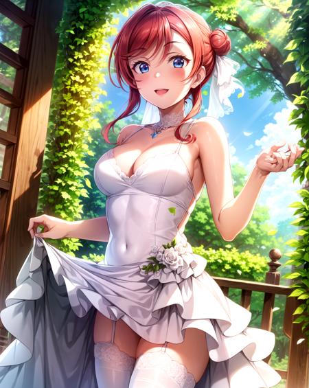 (masterpiece,  best quality,  ultra-detailed),  (illustration),  (beautiful detailed eyes),  ((very detailed face)),  (1girl),  (solo),  yoneme mei,  blue eyes,  red hair,  hair bun,  , 
wedding dress:1.6,  white dress,  frilled dress,  veil,  white thighhighs,  cleavage,  lace trim,  embracing the natural beauty,  falling petals,  falling leaves,  depth of field,  bokeh,  (greenery:1.2),  seductive and powerful expression,  full-face blush, 
(medium breasts),  sunlight,  dappled sunlight,  critical angle,  cowboy shot,  light smile, <lora:EMS-28165-EMS:0.600000>, , <lora:EMS-1495-EMS:0.400000>