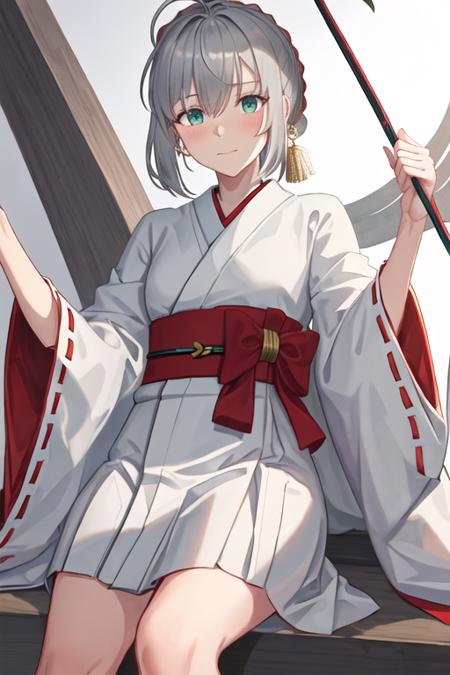 best quality, masterpiece, highres, solo, {white kimono:1.35}, {red hakama:1.35}, {wide sleeves:1.20}, {gray_fgo:1.15}, bangs, grey_hair, green_eyes, short_hair, hair_between_eyes, cloak, cape, blush, closed_mouth