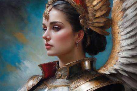 ((Masterpiece, best quality)),beautiful colors, sharp contrast,oil painting, vintage,crackled paint,
walkure, portrait of a  woman ,wearing walkure,wings,armor,winged helmet,painted in walkure style
 <lora:edgWalkureXL:0.7>