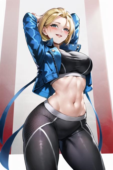 cammy_white , cammy sf6,1girl ,solo , blonde hair , short hair, sports bra , blue jacket , yoga pant, looking at viewer, arms behind back, blush , smile , happy , red lipstick, <lora:cammy:0.7>