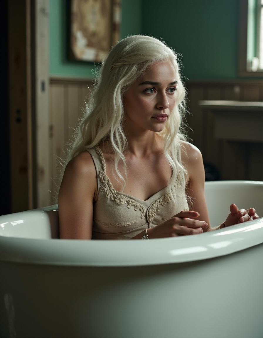 <lora:GOTemiliaClarkeQuiron_FLUX:1.7> GOTemiliaclarkeQuiron, a woman with white hair, Emilia clarke as Daenerys targaryen in hbo's 'game of thrones',   Take a shower or bath.  at Abandoned Carnival