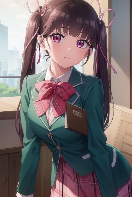 haruarisugawa, <lora:haru arisugawa s1-lora-nochekaiser:1>,
haru arisugawa, long hair, brown hair, ribbon, twintails, hair ribbon, (pink eyes:1.3),
BREAK bow, school uniform, jacket, green jacket,
BREAK indoors, classroom,
BREAK looking at viewer, (cowboy shot:1.5),
BREAK <lyco:GoodHands-beta2:1>, (masterpiece:1.2), best quality, high resolution, unity 8k wallpaper, (illustration:0.8), (beautiful detailed eyes:1.6), extremely detailed face, perfect lighting, extremely detailed CG, (perfect hands, perfect anatomy),