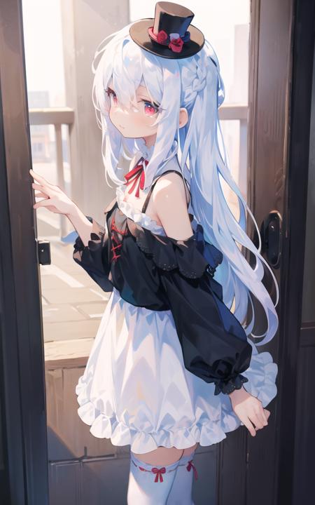 (masterpiece), (best quality),(illustration), from side,colorful,

1girl, beautiful red eyes,detailed long (white hair:1.5),
,white door,building behind,dress,best quality,long white hair,(mini top hat),detailed red eyes,hair between eyes,braid,french braid,(white hair),

,manaphy,magaeshi,ankle lace-up,

off-shoulder dress,

frilled capelet,white thighhighs,ankle lace-up,neck ribbon,(standing),upper body
<lora:uenomigi-loha-000003:1>