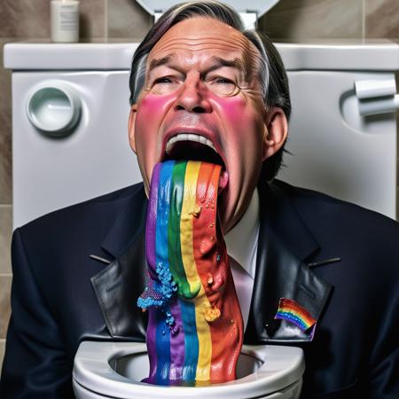 real ukj style photo of greg abbott barfing rainbows over a toilet, large open mouth, large rainbow stream, realistic liquid texture, 
 looking at viewer <lora:rainow_sdxl_ukjstyle_v111602-000003:1>